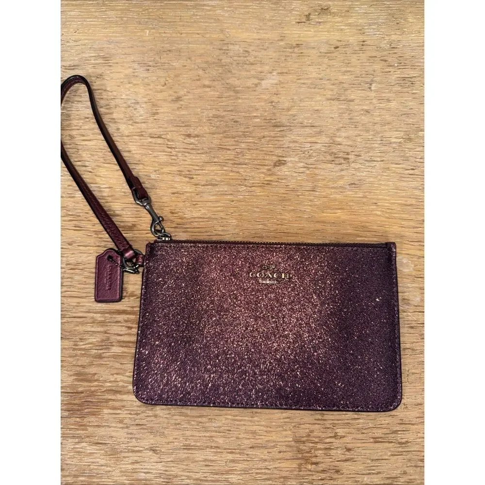 NWT Coach Glitter Small Wristlet Metallic Cherry Zip Pouch Clutch Wallet F64585